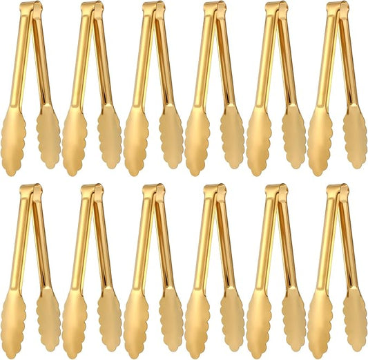 Dimeho 12 Pack Stainless Steel Buffet Tong Gold Serving Tongs 9 Inch Buffet Utensils Heavy Duty Durable Clamps Metal Kitchen Clip for Salad Steak Wedding Party Banquet Gathering
