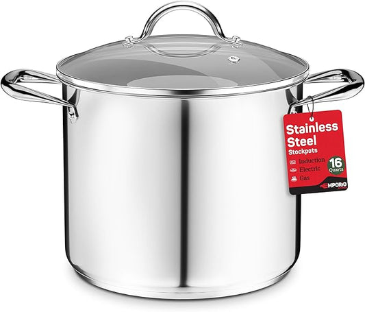 Stainless Steel Stockpot with Tempered Glass Lid 16 Quart, Durable 18/0 Stainless Steel, Impact-Bonded Base for Even Heating, Riveted Handles, Oven & All Stove Compatible, Safe Up To 500°F (260°C)