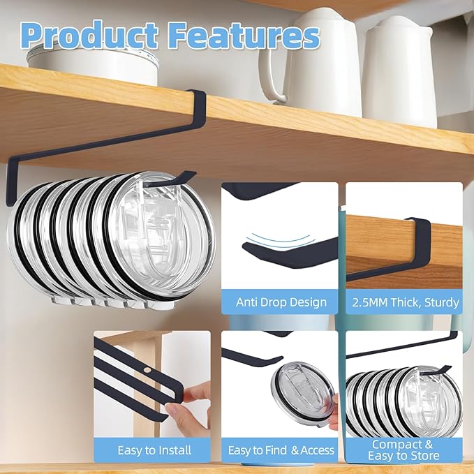 Tumbler Lid Organizer, 2 Pack for Yeti Lid Organizer, Space Saving Water Bottle Lid Holders, Tumbler Lid Holder Up to 12 Lids, Cup Lid Organizers for Kitchen Under Cabinet Storage - Image 4