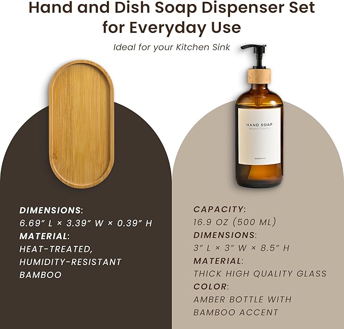 MaisoNovo Glass Dish Soap Dispenser for Kitchen Set of 2-16.9oz Amber Dish and Hand Soap Dispenser Set for Kitchen - Amber Glass Bottles x 2 with Black Bamboo Pumps & Tray