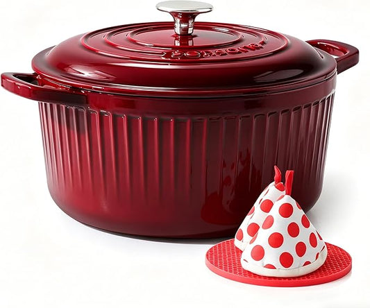 SENSARTE Enameled Cast Iron Dutch Oven Pot with Lid 3.5/5.5/6.5 Quart Heavy-Duty Round Dual Handles Kitchen Pot with Cotton Potholders & Silicone Trivet, Pot for Bread Baking, Stews, Braising, Roasting, Oven Safe, 5.5 Quart, Red