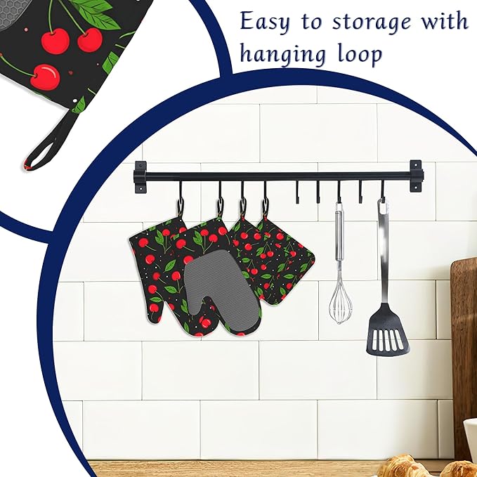 Oven Mitts and Pot Holders Sets Red Black Cherry Silicone Kitchen Mits Potholders Tropical Fruit Cherries Heat Resistant 4Pcs Oven Gloves Hot Pads for Baking Cooking BBQ Grilling Home Decor