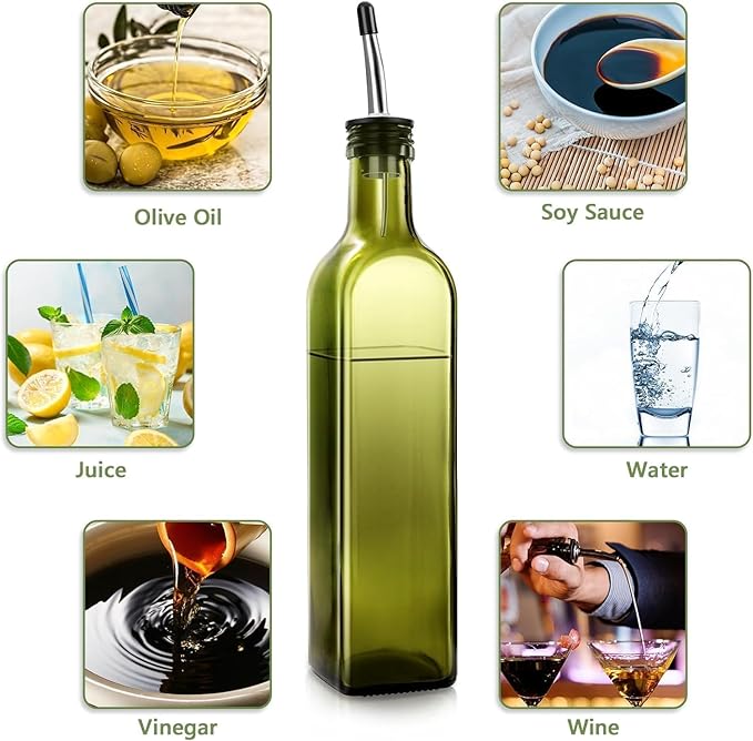 Glass Olive Oil Dispenser and Vinegar Dispenser Set with 2 Stainless Steel Pourers, 4 Labels, 1 Brush and 1 Funnel Oil Bottles for Kitchen (500ml)-Green (Olive Green) - Image 4