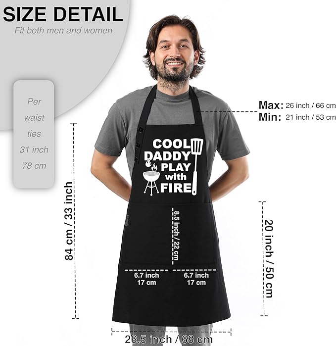 TOSHE Funny Apron Waterdrop Resistant Cotton Apron with adjustable Aprons for Women with Pockets 12 Color option Cooking (Black - Cool Daddy Play with Fire) - Image 6