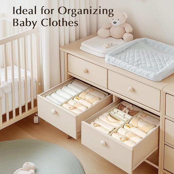 DIMJ Drawer Organizers Clothes, Dresser Organizer Bins for Baby Clothes,Underwear and Sock, Fabric Closet Organization and Storage Boxs, Drawer Dividers for Nursery, Clothing, Tie - 4 Pack, Beige - Image 3