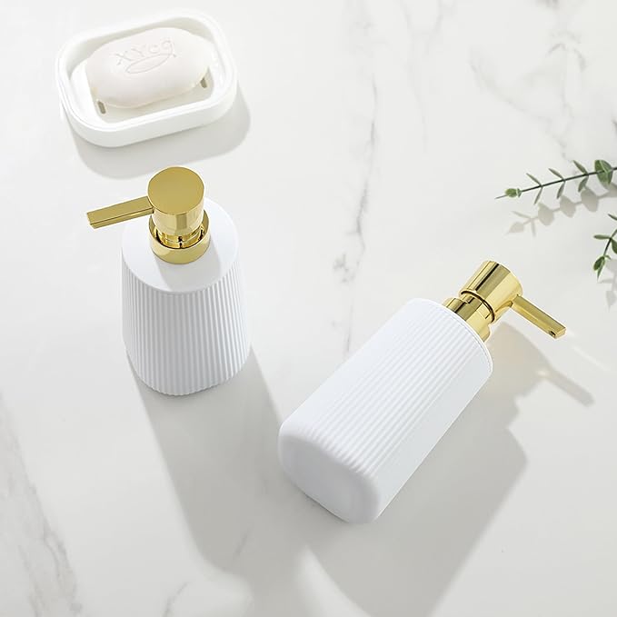 Small Soap Dispenser for Bathroom and Kitchen, Modern Farmhouse Striped Style Plastic Hand Soap Dish Soap Dispenser with Pump Matte White and Gold - Image 6