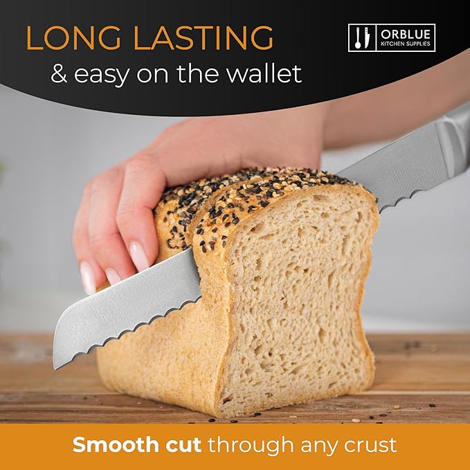 Orblue Serrated Bread Knife Ultra-Sharp Stainless Steel Professional Grade Bread Cutter - Cuts Thick Loaves Effortlessly - (8-Inch Blade with 5-Inch Handle), Yellow