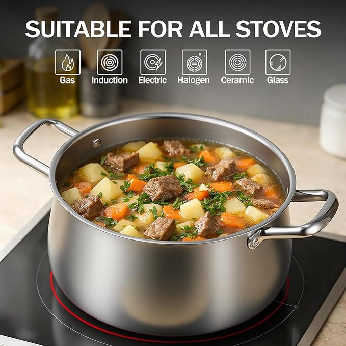 Tifanso Stainless Steel Stock Pot - 8 Quart 3Ply Heavy Duty Large Induction Cooking Pot with Lid for Pasta, Soup, Spaghetti, Nonstick Deep Stockpot, Kitchen Cookware for Stew, Simmer, Canning, Boiling - Image 4