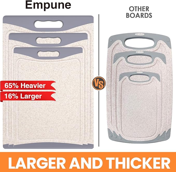 Extra Large Cutting Boards, Plastic Cutting Boards for Kitchen (Set of 3) Cutting Board Set Dishwasher Chopping Board with Juice Grooves Easy-Grip Handles, Beige, Empune - Image 2