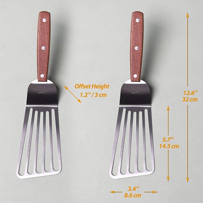 2 Pack Offset Fish Spatula Turner, Stainless Steel Slotted Spatulas for Flipping, Turning, Frying & Grilling, Offset Metal Slotted Spatulas, Wooden Full Tang Handle - Image 2