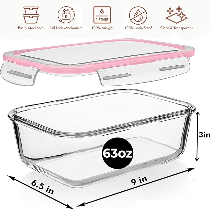 Razab 4 PC 1860ml / 63 Oz / 8 Cups Large Glass Food Storage Containers with Lids - Glass Meal Prep Containers for Roasting & Storing Leftover, Lunch Container with Lids, Microwave & Oven Safe - Image 3