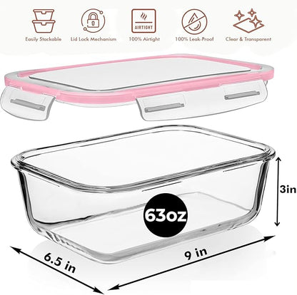 Razab 4 PC 1860ml / 63 Oz / 8 Cups Large Glass Food Storage Containers with Lids - Glass Meal Prep Containers for Roasting & Storing Leftover, Lunch Container with Lids, Microwave & Oven Safe - Image 3