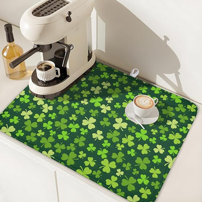 St. Patrick's Day Dish Drying Mat for Kitchen Counter,Irish Green Shamrocks Clover Leaves Drying Mat 18 x 24 Inch with Absorbent Reversible Microfiber Dish Drying Pad for Coffee Bar - Image 7