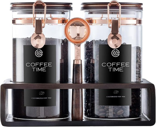 Glass Coffee Canister Set with Wooden Shelf, 2 Pack 45oz Airtight Food Storage Containers with Lids & Spoons, Large nisters for Coffee Beans, Sugar, Tea, Nuts
