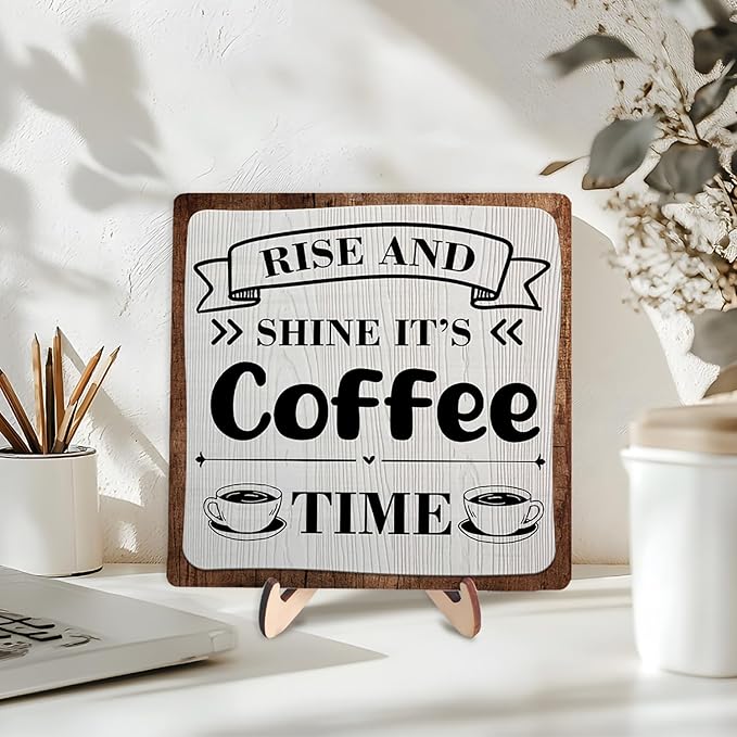 Coffee Bar Sign Plaque, Coffee Signs for Coffee Station, Vintage Coffee Sign Decor for Kitchen, Coffee Bar Accessories, Coffee Themed Gifts, Farmhouse Cafe Sign,Coffee & Tea Bar Decor Signs (Gray&Brown, 5.9x5.9inches) - Image 3