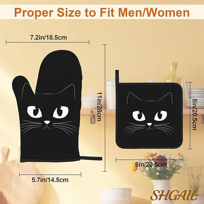Oven Mitts and Hot Pads Set - Black Cat Design, Heat Resistant Cute Pot Holders for Kitchen, Baking Gifts for Women