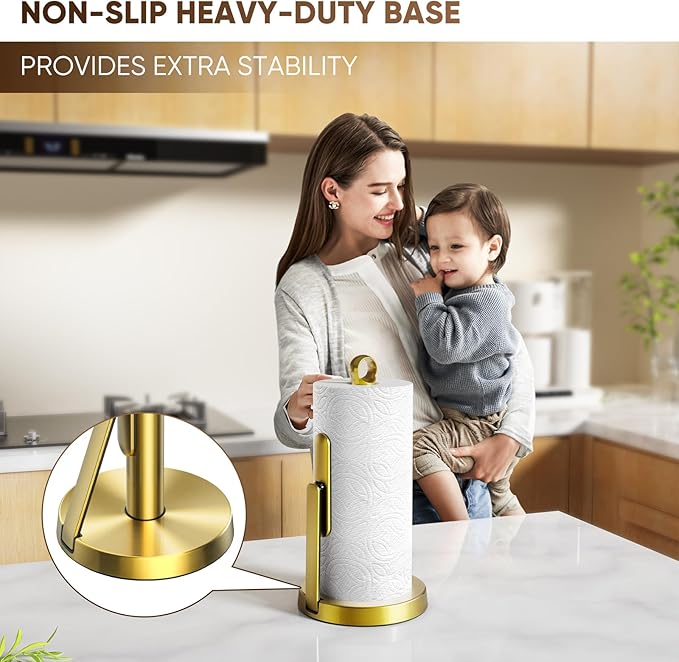 theaoo Heavy-Duty Stainless Steel Paper Towel Holder with Tension Arm – Easy One-Handed Tear, Modern Standing Countertop Dispenser for Kitchen, Holds All Paper Towel Rolls (1, Gold) - Image 8