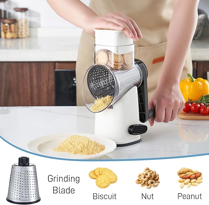 VEKAYA Rotary Cheese Grater Hand Crank with 4 Interchangeable Stainless Steel Blades, Large Manual Handle Shredder and Waffle Slicer for Vegetables, Cheese and Nuts with Table Suction Base(White)