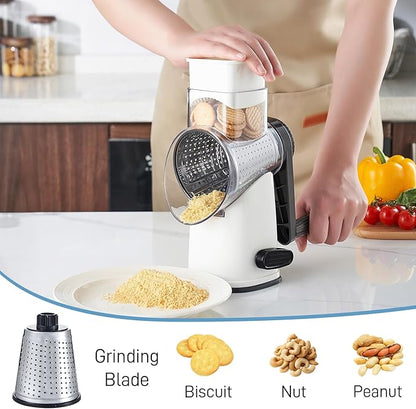 VEKAYA Rotary Cheese Grater Hand Crank with 4 Interchangeable Stainless Steel Blades, Large Manual Handle Shredder and Waffle Slicer for Vegetables, Cheese and Nuts with Table Suction Base(White)