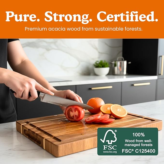 Non Toxic Wood Cutting Board - Conditioned with Natural Beeswax Flaxseed & Lemon Oil - Free of Mineral Oil - Made of FSC Certified Acacia Wood - 16" x 11" Thick Cutting Board by Ziruma - Image 5