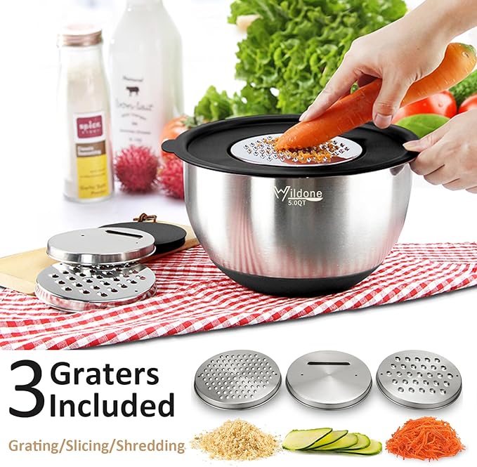 Wildone Mixing Bowls with Airtight Lids, 27 PCS Stainless Steel Nesting Bowls, with 3 Grater Attachments, Scale Mark & Non-Slip Bottom, Size 5, 4, 3, 2, 1.5, 1, 0.63QT, Ideal for Mixing & Prepping - Image 2