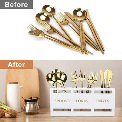 Ayiaren Wood Flatware Silverware Caddy White Cutlery Holder Kitchen Utensils Holder for Party Wooden Silverware Organizer for Countertop Knife Spoon and Fork Holder Table Utensil Caddy Organizer - Image 6