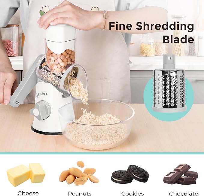 X Home Rotary Cheese Grater for Kitchen, Shredder with 3 Interchangeable Blades, Rotary Grater with Handle and Strong Suction Base, for Vegetables, Fruit, Nuts, Easy to Use and Clean, White - Image 4