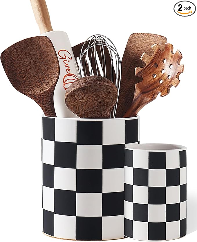 Checkered Kitchen Utensil Holder - 7.1"+5.8" Ceramic Utensil Crock for Countertop, Kitchen Decor and Accessories for counte (Black) by Swkien
