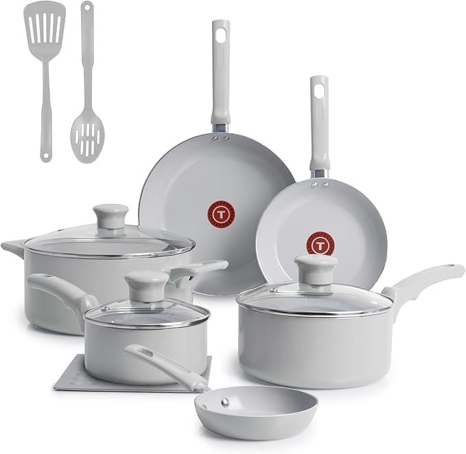 T-Fal Refresh Ceramic Nonstick Cookware Set, 12-Piece Ceramic Pots and Pans Set, Includes Stockpot, Griddle, Frying Pans, Utensils, Moon Grey by T-falbrand