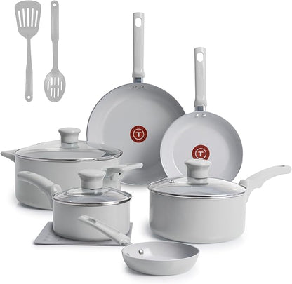 T-Fal Refresh Ceramic Nonstick Cookware Set, 12-Piece Ceramic Pots and Pans Set, Includes Stockpot, Griddle, Frying Pans, Utensils, Moon Grey by T-falbrand