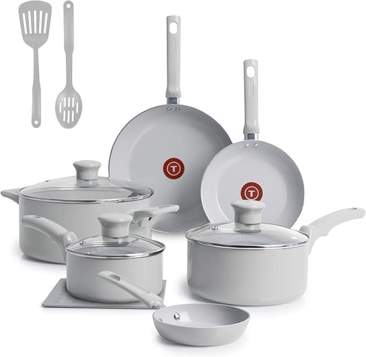T-Fal Refresh Ceramic Nonstick Cookware Set, 12-Piece Ceramic Pots and Pans Set, Includes Stockpot, Griddle, Frying Pans, Utensils, Moon Grey by T-falbrand