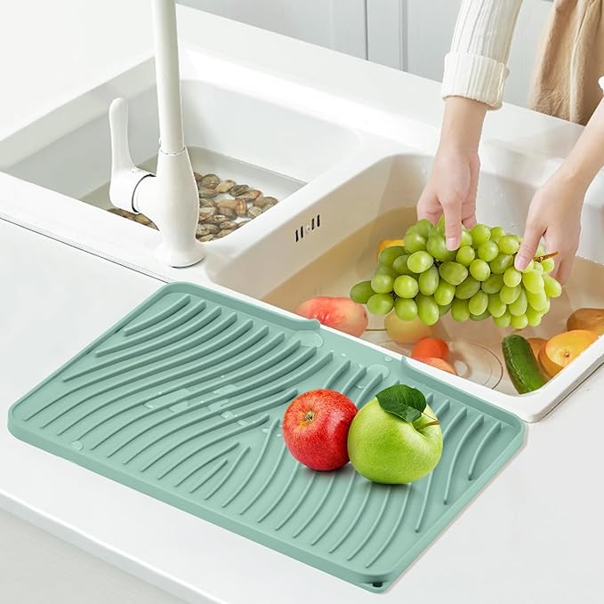 TIKNIK Silicone Dish Drying Mat, Stone Drying Mat for Kitchen Counter with Built-In Drain, Non-Slip Drain Pad with Built-in Drain, Heat Resistant Stone Drying Mat, Hangable, Mint-1pcs, 16" x 12" - Image 7