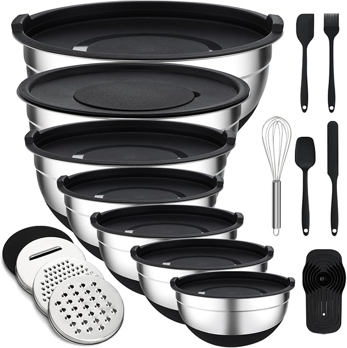 Unokit Mixing Bowls with Lids Set - 7 Pcs Stainless Steel Mixing Bowls with 3 Grater Attachments, Non-Slip Silicone Base Mixing Bowl Set for Kitchen by Unokit