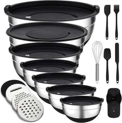 Unokit Mixing Bowls with Lids Set - 7 Pcs Stainless Steel Mixing Bowls with 3 Grater Attachments, Non-Slip Silicone Base Mixing Bowl Set for Kitchen by Unokit