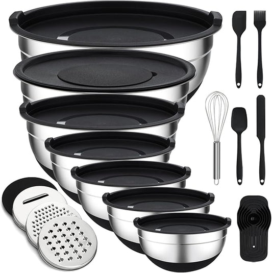 Unokit Mixing Bowls with Lids Set - 7 Pcs Stainless Steel Mixing Bowls with 3 Grater Attachments, Non-Slip Silicone Base Mixing Bowl Set for Kitchen by Unokit