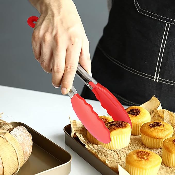 HINMAY 7-Inch Mini Silicone Tongs Small Serving Tongs for Appetizers, Set of 3 (Red) - Image 4
