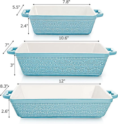 Hacaroa Set of 3 Ceramic Baking Dishes, Rectangular Bakeware with Handles, Elegant Casserole Dish Set Lasagna Pan for Baking, Cooking, Cake Dinner, Banquet, Lake Blue, 3 Sizes - Image 2