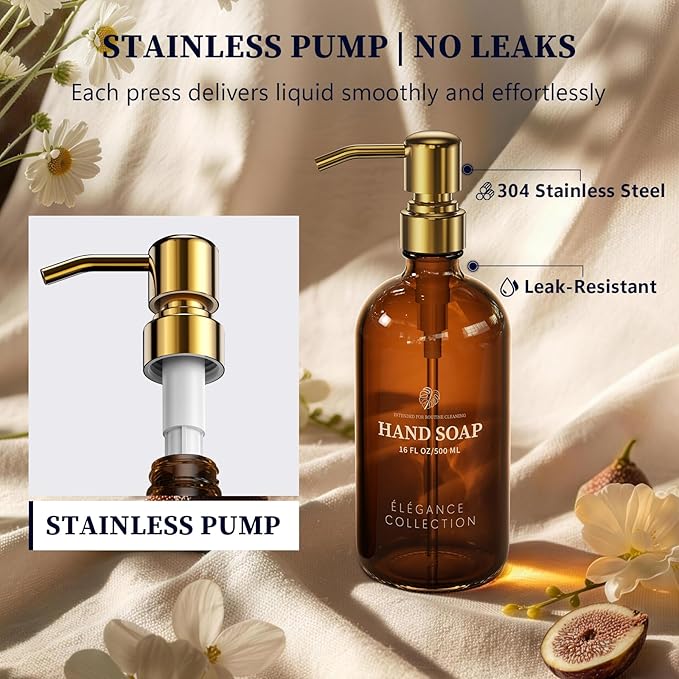 Amber Glass Soap Dispenser Set of 2, 16oz Hand and Dish Soap Dispenser for Kitchen & Bathroom, Gold Stainless Steel Pump, Non-Slip Base, 14 Waterproof Labels, Organic Decor - Image 2
