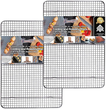 KITCHENATICS 100% Stainless Steel Cooling Racks for Baking & Roasting | Heavy-Duty Wire Grid Fits 13x18 Half Sheet Pans | Oven-Safe to 575°F for Crispy Bacon & Even Airflow | Dishwasher Safe, Set of 2