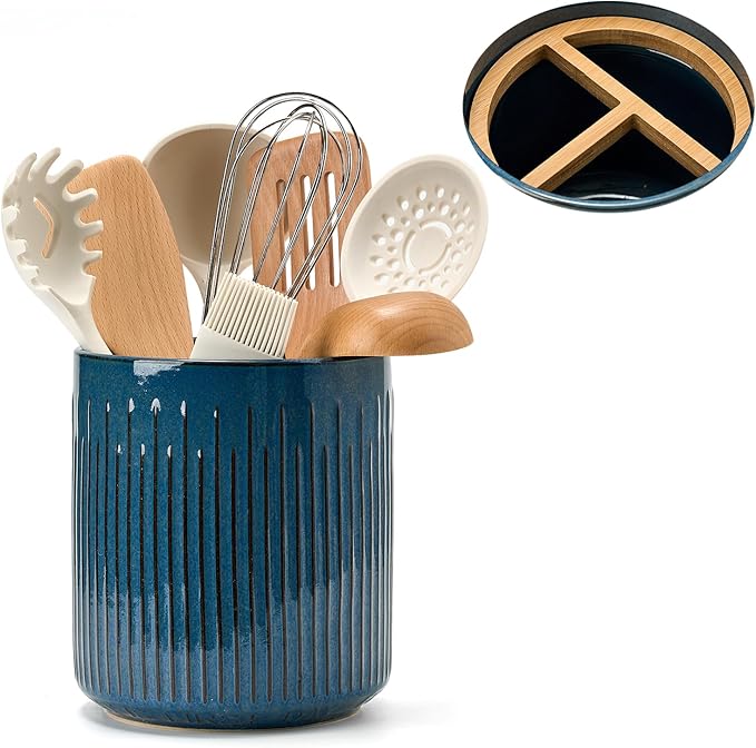 JIEMEI HOME Kitchen Utensil Holder, 7.2" Large Ceramic Stable Utensil Crock for Countertop, Utensil Holder with Cork Mat, Removable Bamboo Divider for Easy, Kitchen Decor, Blue - Image 3