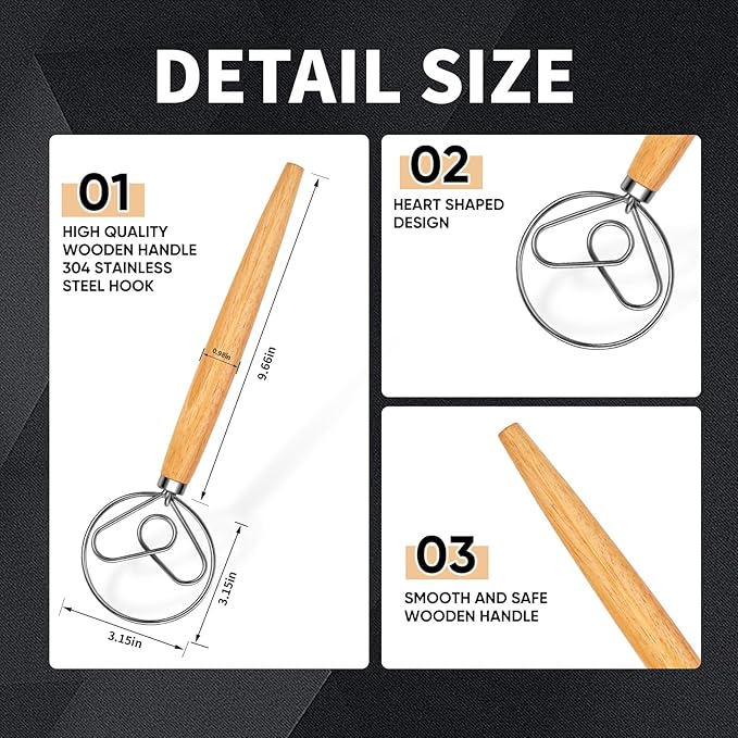 Danish Dough Whisk Stainless Steel Hook Dutch Bread Mixer for Sourdough Baking Hand Tool with Wooden Handle Making Blending Pastry Pizza Dough - Image 5
