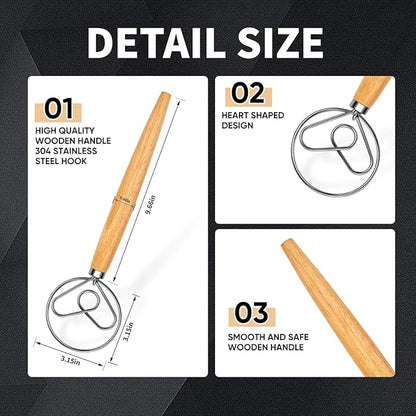 Danish Dough Whisk Stainless Steel Hook Dutch Bread Mixer for Sourdough Baking Hand Tool with Wooden Handle Making Blending Pastry Pizza Dough - Image 5
