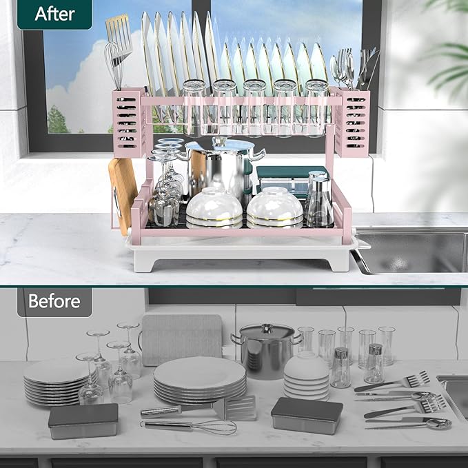 B-Land Dish Drying Rack, 2 Tier Dish Racks for Kitchen Counter, Large Dish Drying Rack with Drainboard & Utensil Holders, Rust-Proof Dish Drainers,Kitchen Organization - Image 5
