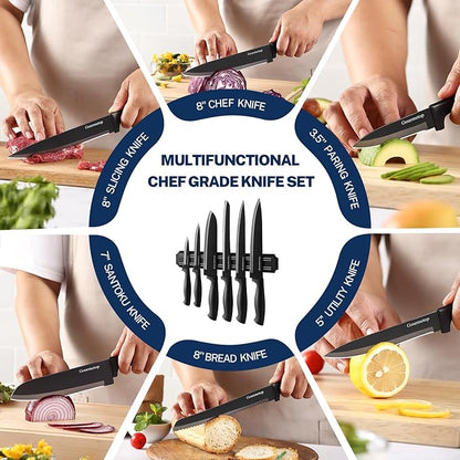 Gourmetop Kitchen Knife Set with No Drilling Magnetic Strip for Kitchen Black Titanium Small Cooking Knives, Sharp Stainless Steel Chef Knife Set for Cutting Meat & Vegetable - Image 7