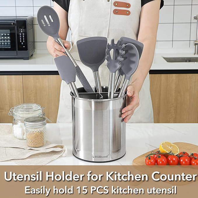 Hillbond 7.5x6.9 Inch EXTRA LARGE Utensil Holder for Countertop, Stainless Steel Rotating Organizer with Removable Divider, Space-Saving for Large Kitchen Utensils Set & Spacious Kitchens - Image 2