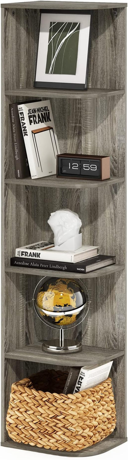 Furinno PASIR Book Shelf, 5-Tier Corner Bookshelf with Open Shelf, Standing Bookcase, 9.3 x 12 x 51.7, for Organization and Storage, for Living Room, Bedroom, Home Office, French Oak by Furinno-FitsYourSpaceFitsYourBudget