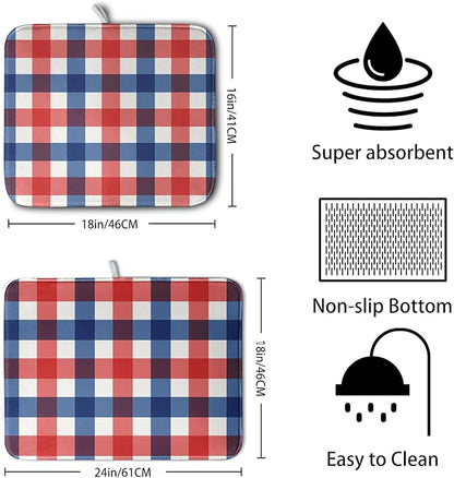 4th of July Dish Drying Mat Patriotic Buffalo Plaid Drying Mats for Kitchen Counter Absorbent Microfiber Dish Drainer Pad Independence Memorial Day Dish Draining Mat 16x18 Inch - Image 2
