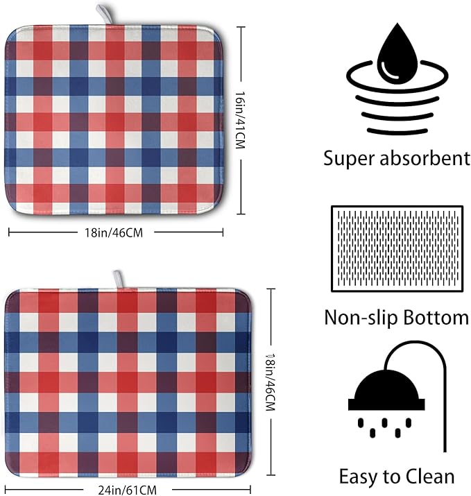 4th of July Dish Drying Mat Patriotic Buffalo Plaid Drying Mats for Kitchen Counter Absorbent Microfiber Dish Drainer Pad Independence Memorial Day Dish Draining Mat 18x24 Inch - Image 2