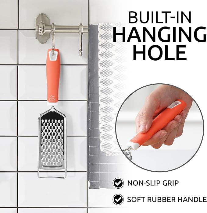 Zulay Kitchen Professional Cheese Grater Stainless Steel - Durable Rust-Proof Metal Lemon Zester Grater With Handle - Flat Handheld Shredder for Parmesan, Chocolate, Spices, And More - Orange - Image 6