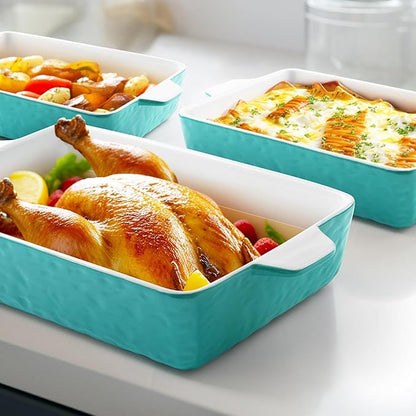 Casserole Dishes for Oven, Ceramic Baking Dishes, Lasagna Pan with Handles, Porcelain Baking Pan Deep, Bakeware for Baking, Cooking, Wedding Gift, Set of 3 (11.6" x 7.8", Aquamarine) - Image 2